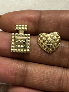 Gold Tone Heart and Perfume Bottle CC Charm Stud Earrings